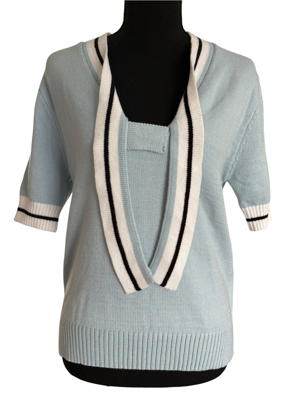 Light Blue V-Neck Knit Sweater with Contrast Stripe Trim